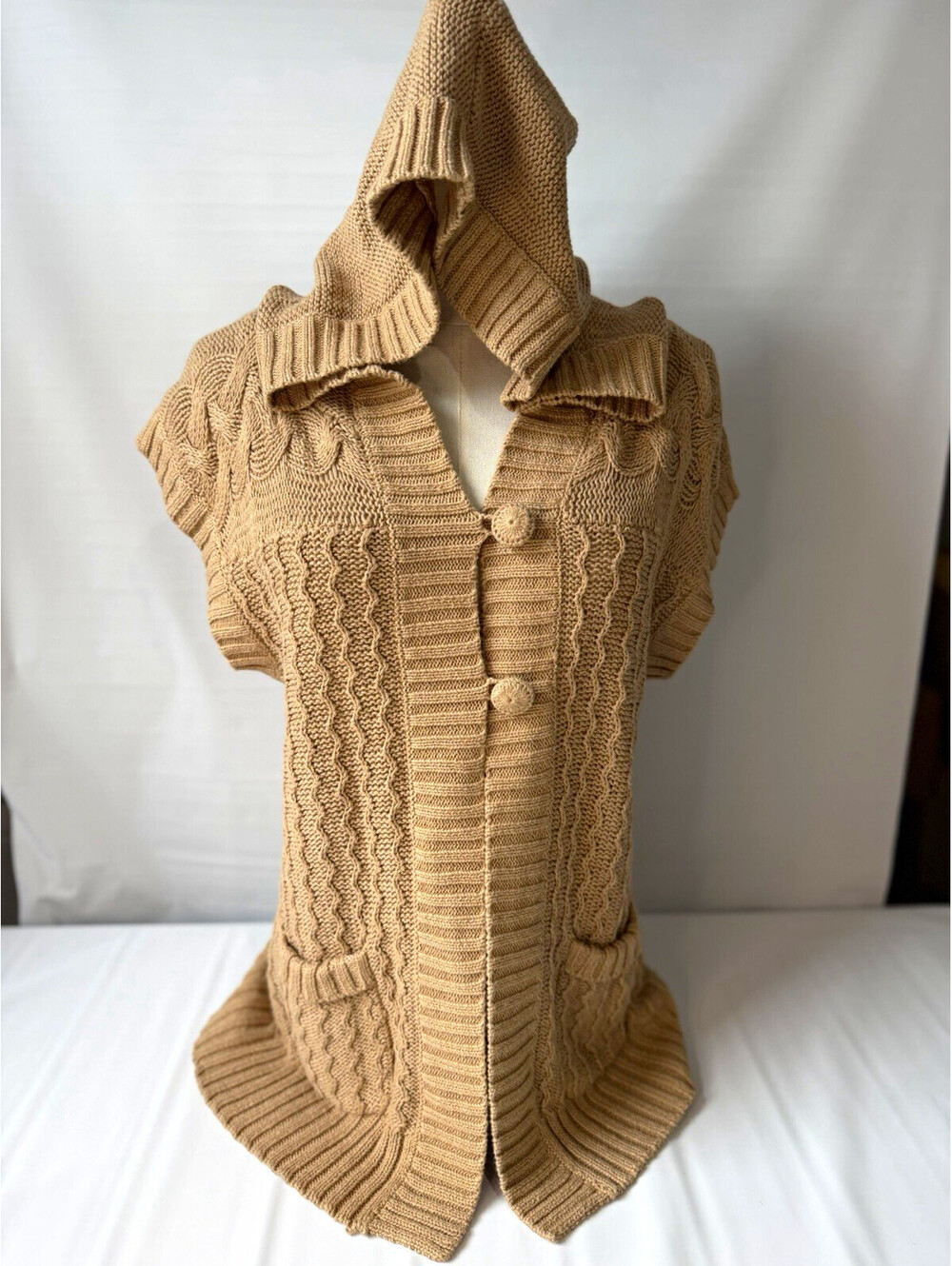 NorthCrest Women's Beige Cable Knit Hooded Sleeveless Cardigan Vest Size M
